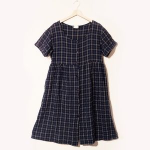 Vintage Navy Plaid Button Front Short Sleeve Midi Dress